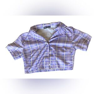 Purple Grid Cropped Button Up